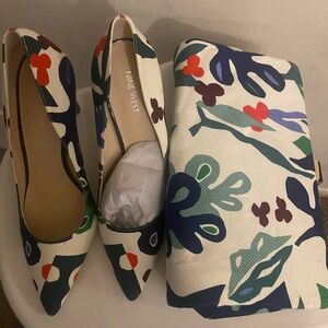 Nine West textile shoes and clutch to match. Never been used. 3 inches heel